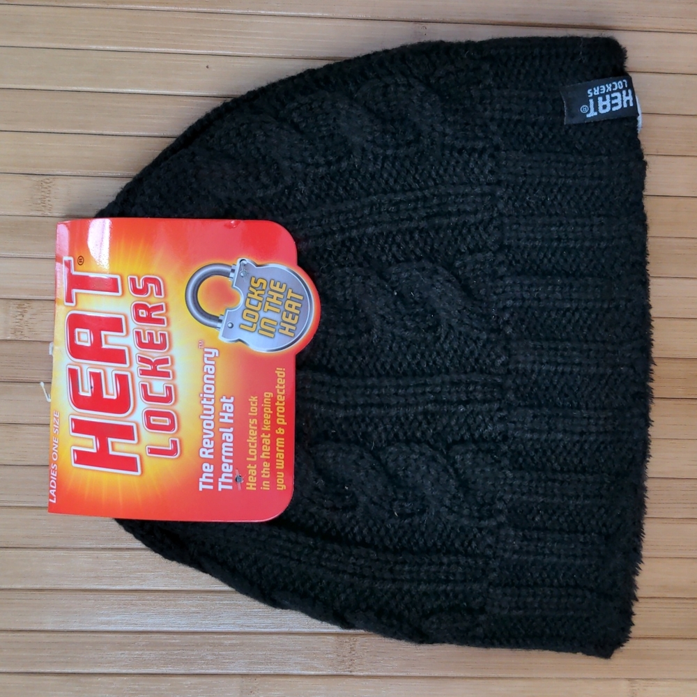 Womens Black Thermal Cable Knit Hat Beanie by Heat Lockers NEW